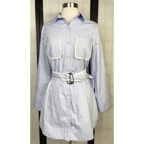 Mon Renn Heron Blue and Ivory Lisle Shirt Mini Spring Dress. Size: XS - Picture 1 of 8